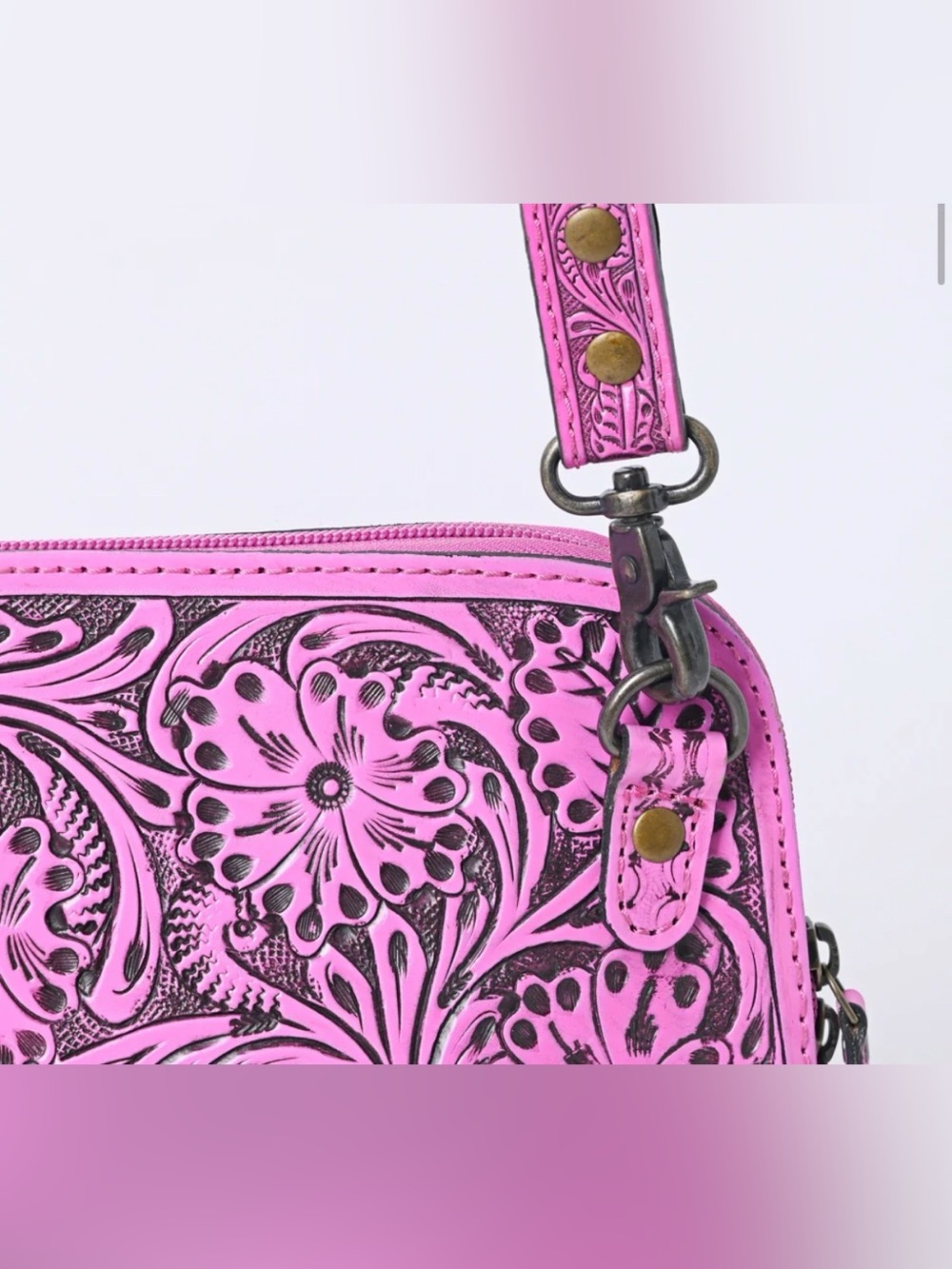 Western Bag Floral Tooled Pink Leather Crossbody Bag - Picture 3 of 6